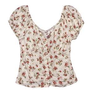 🟢 No Boundaries Button-Down Rose Shirred Babydoll Shirt XS (1)